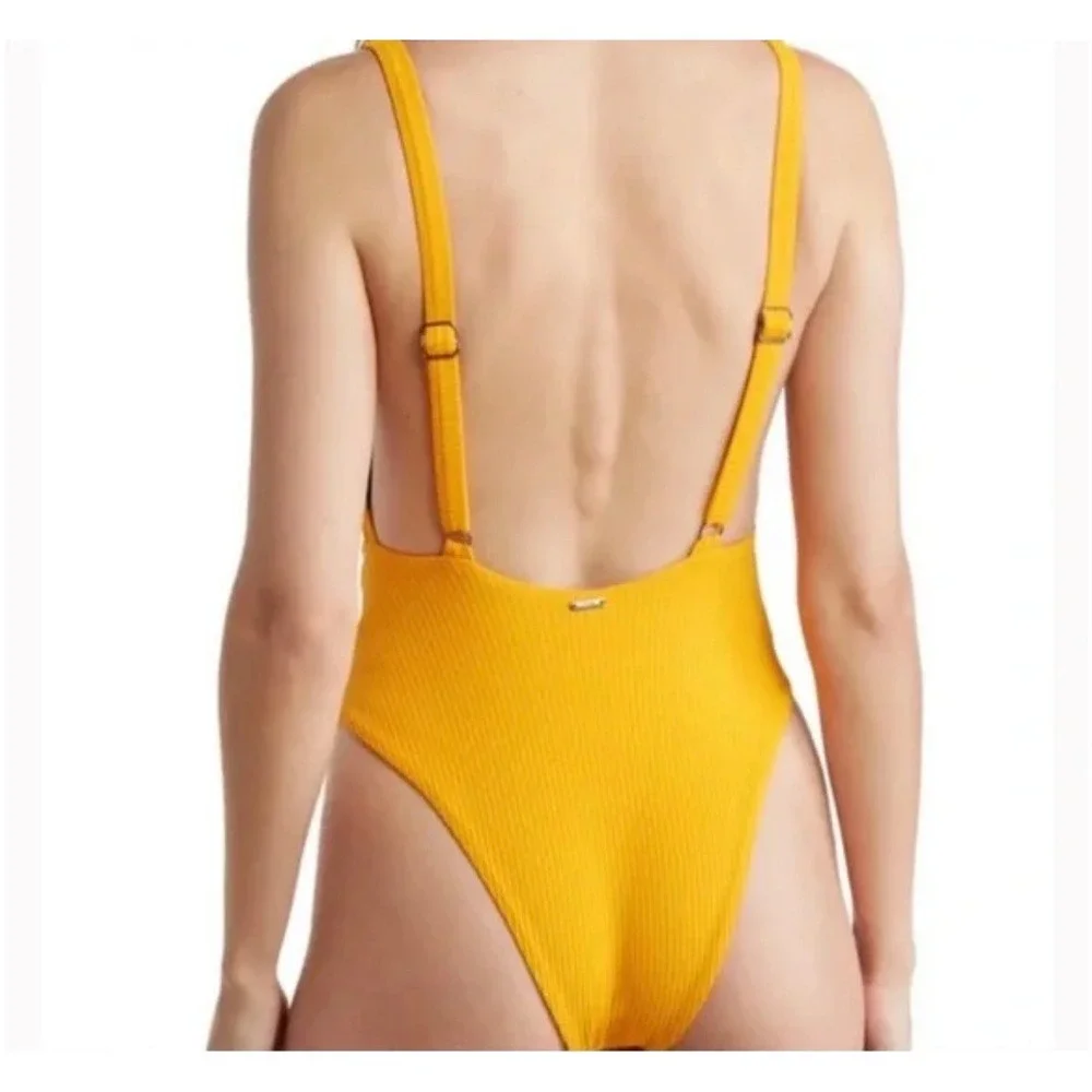 MAAJI‎ Maracuji McDreamy Reversible Deep Plunge Ribbed Yellow One Piece Medium
